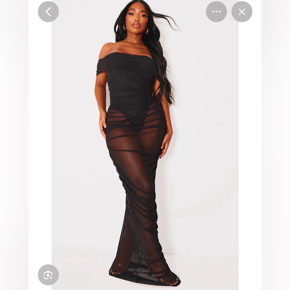 NWT PLT Black Mesh Runched Bardot Dress